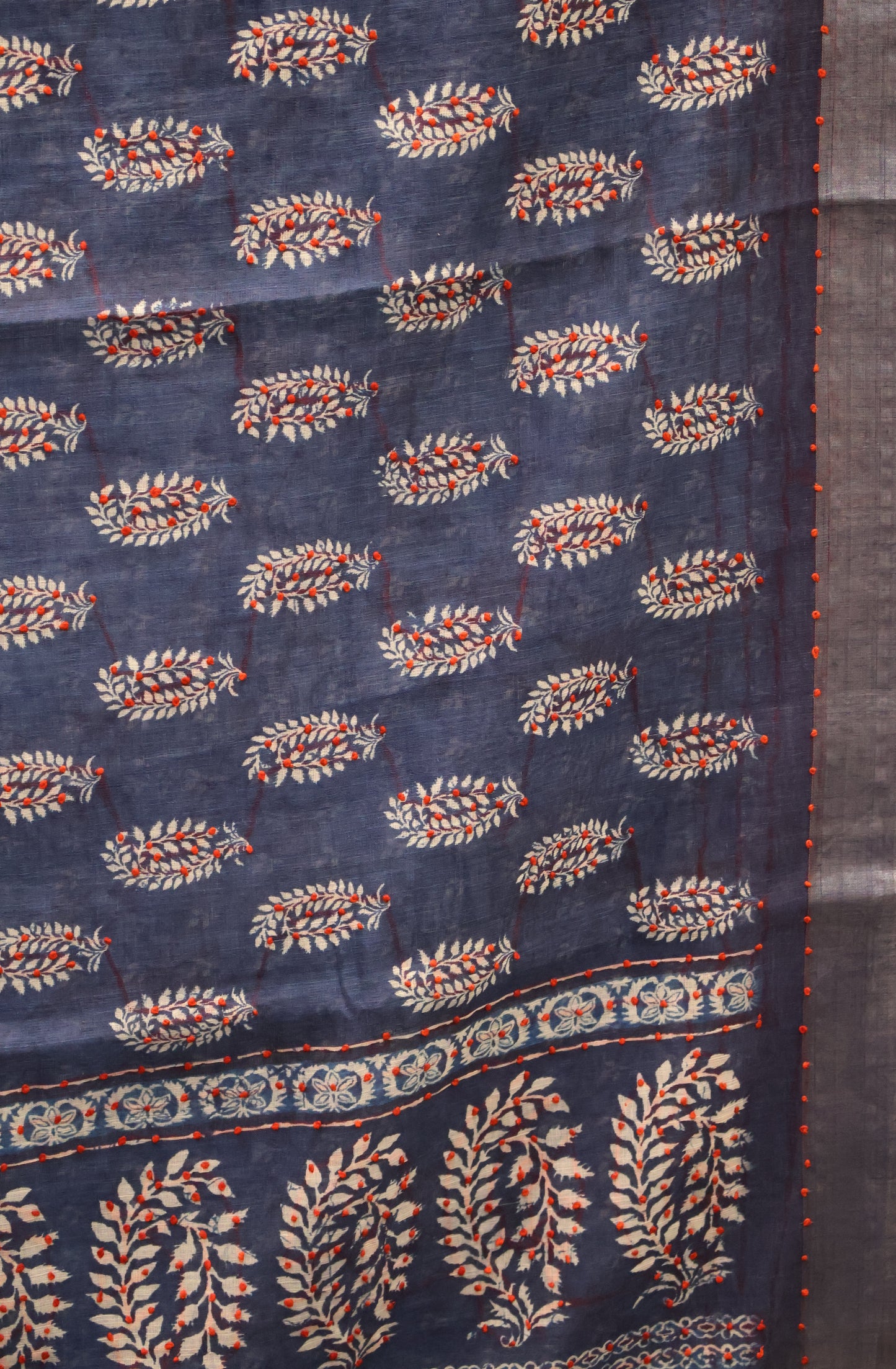 Indigo Linen - Blue Leafy French Knot