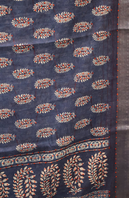 Indigo Linen - Blue Leafy French Knot