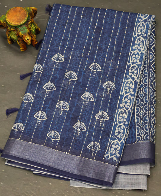 Semi Linen - Blue Floral Kantha Work