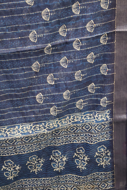 Indigo Linen - Blue Floral Kantha Work