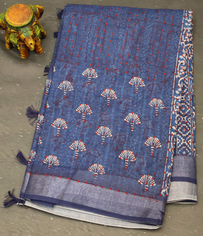 Indigo Linen - Blue Floral Red Kantha Work