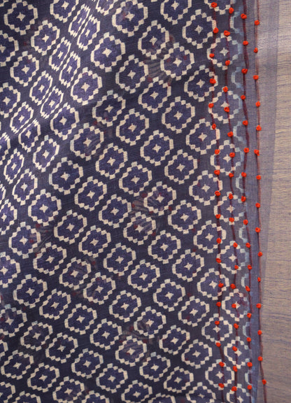 Indigo Linen - Blue Floral Red Kantha Work
