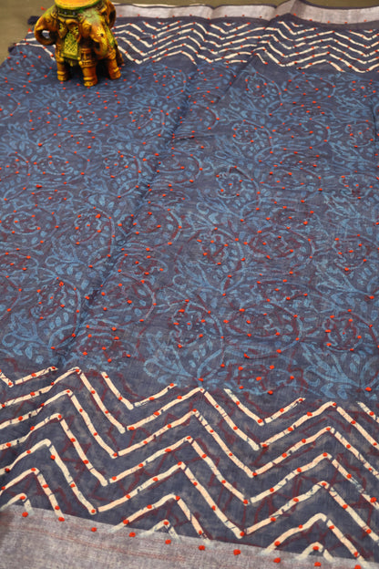 Indigo Linen - Blue Knot Red Kantha Work