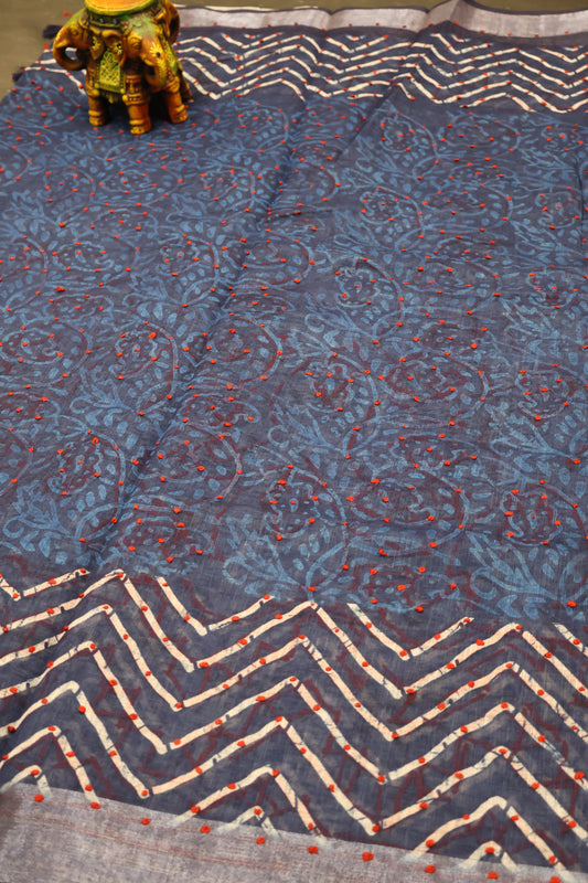 Semi Linen - Blue Knot Red Kantha Work