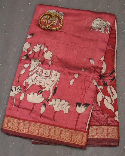 Mangal Giri Silk Saree-Dark Pink Pichwai Print