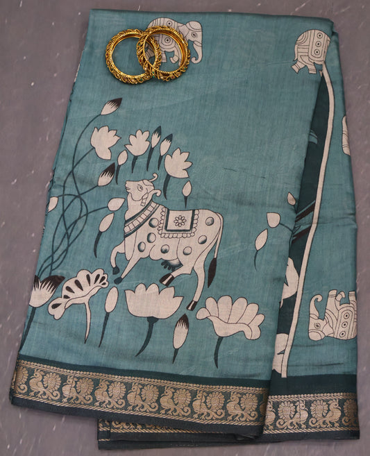 Malai Cotton Saree-Peacock Green Pichwai Print