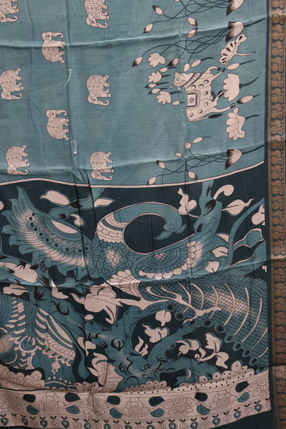 Malai Cotton Saree-Peacock Green Pichwai Print