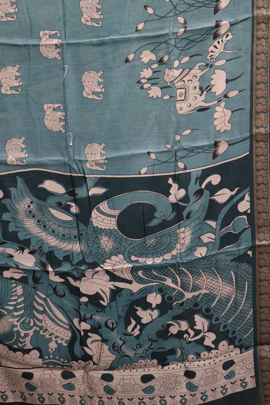 Malai Cotton Saree-Peacock Green Pichwai Print