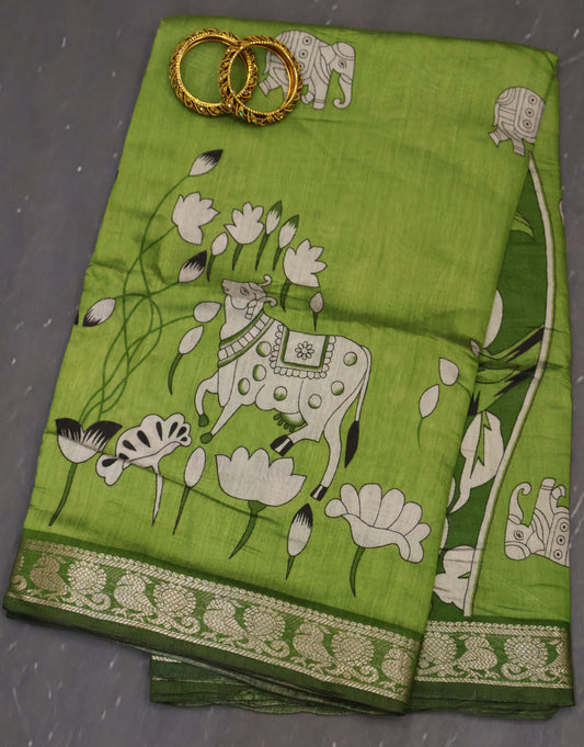 Malai Cotton Saree-Olive Green Pichwai Print