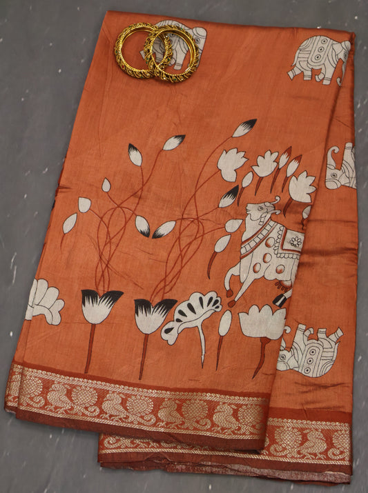 Malai Cotton Saree-Pale Orange Pichwai Print