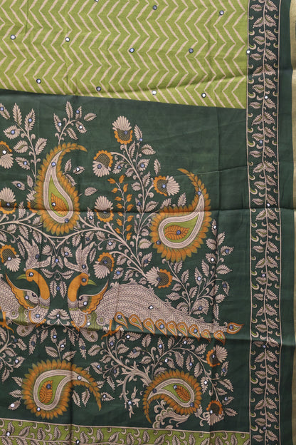 Malai Cotton Saree- Lite Green Zig Zag Mirror Work