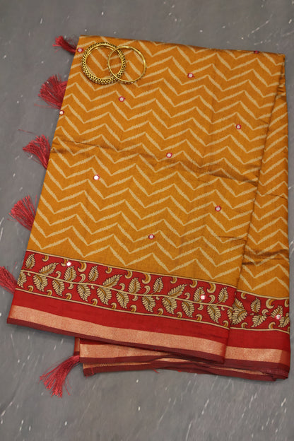 Malai Cotton Saree-Mustard Zig Zag Mirror Work