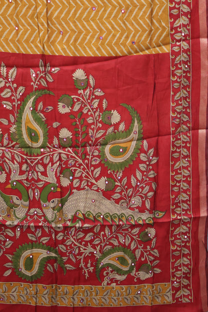 Malai Cotton Saree-Mustard Zig Zag Mirror Work