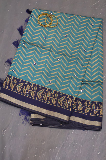 Malai Cotton Saree-Lite Blue Zig Zag Mirror Work