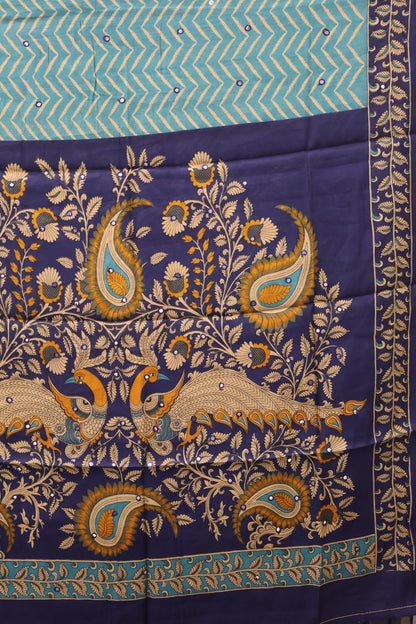 Malai Cotton Saree-Lite Blue Zig Zag Mirror Work