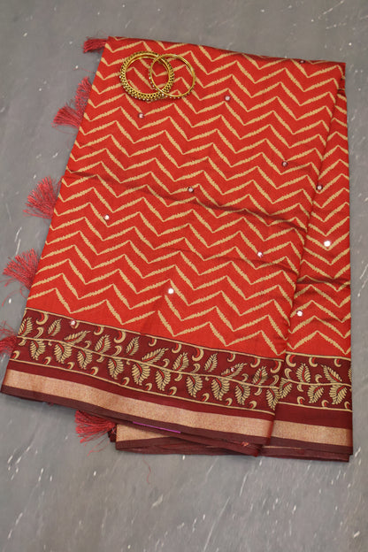 Malai Cotton Saree-Red Zig Zag Mirror Work