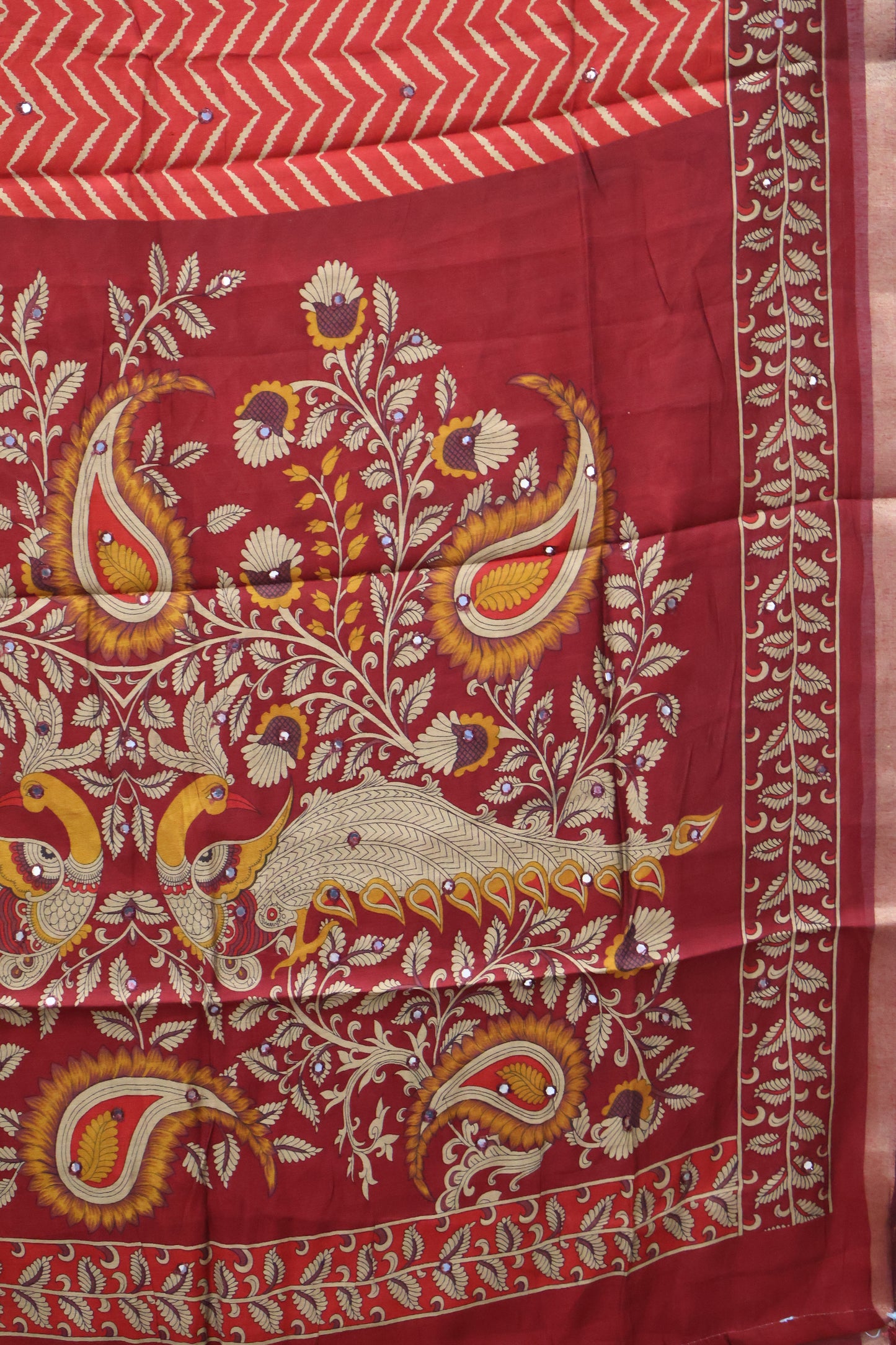 Malai Cotton Saree-Red Zig Zag Mirror Work