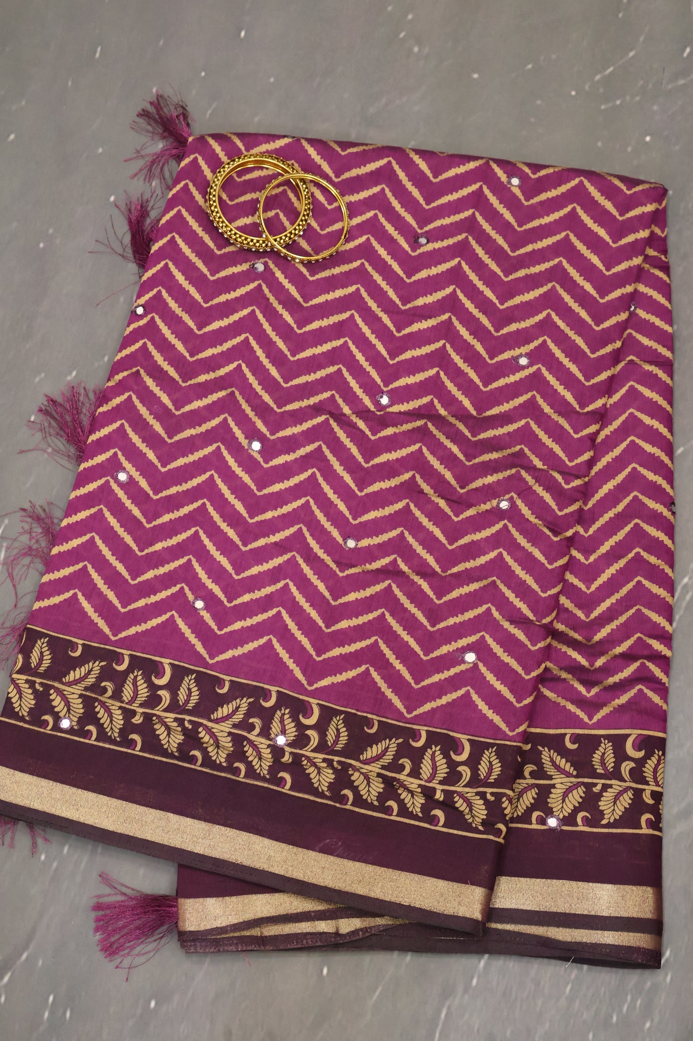 Malai Cotton Saree-Purple Zig Zag Mirror Work