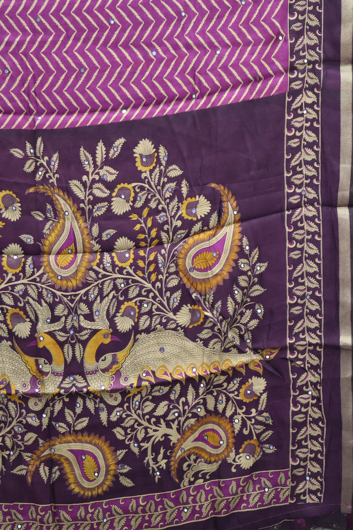 Malai Cotton Saree-Purple Zig Zag Mirror Work
