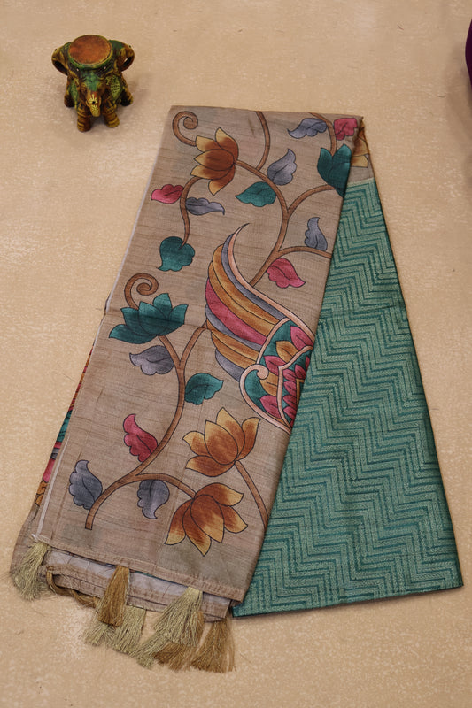 Tussar Saree Zari Zigzag Pattern - Green