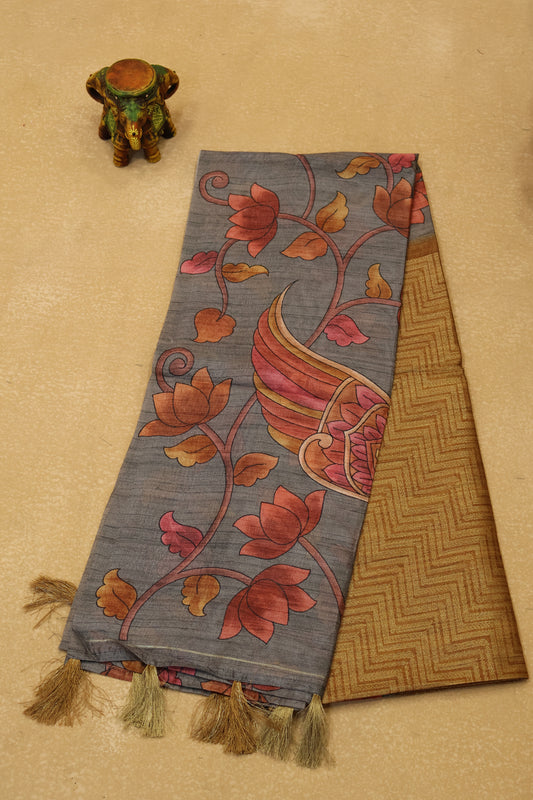 Tussar Saree Zari Zigzag Pattern - Mustard