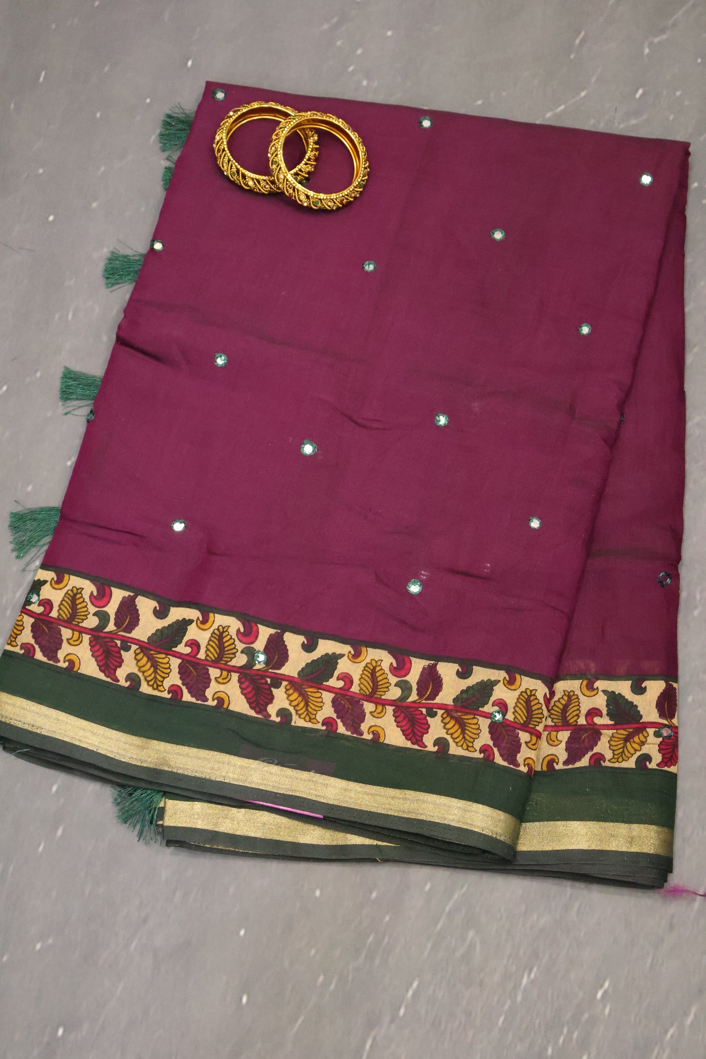 Malai Cotton Saree-Wine Leaf Mirror Work