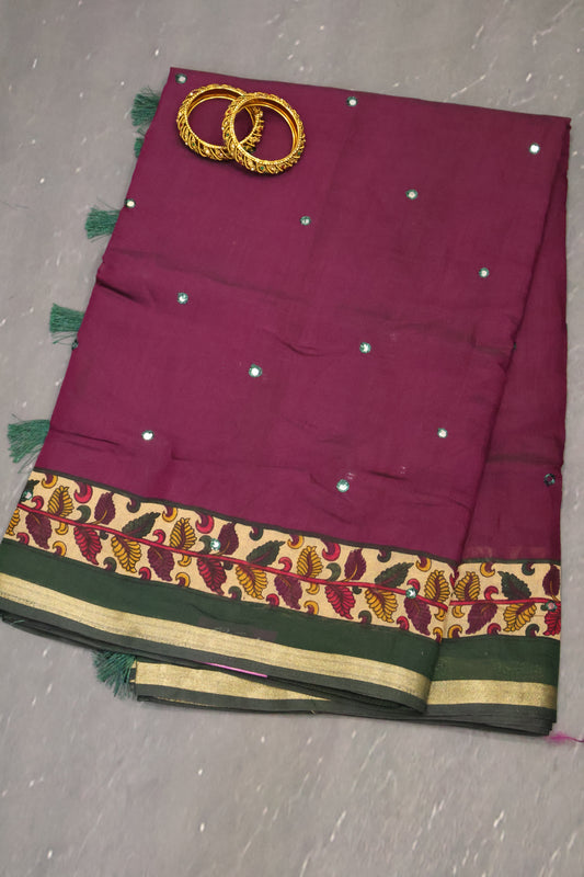 Malai Cotton Saree-Wine Leaf Mirror Work