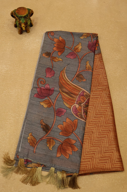 Tussar Saree Zari Zigzag Pattern - Orange