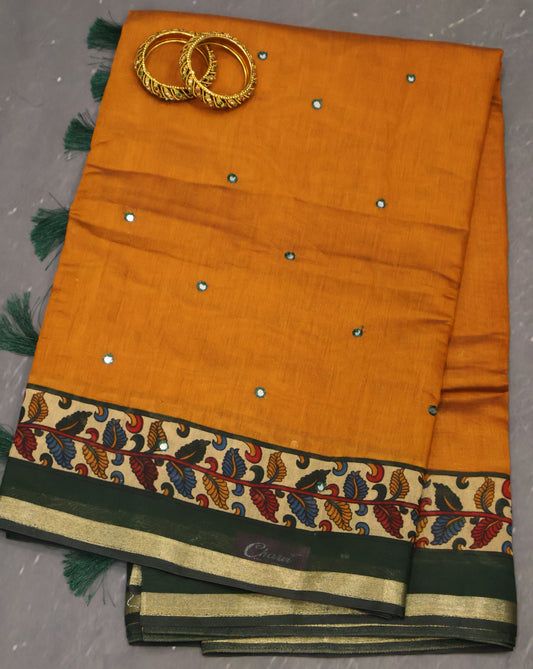 Malai Cotton Saree-Mustard Leaf Mirror Work