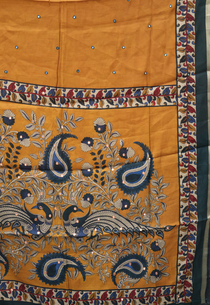 Malai Cotton Saree-Mustard Leaf Mirror Work