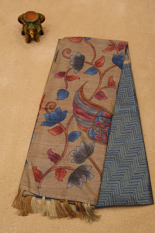 Tussar Saree Zari Zigzag Pattern -Blue
