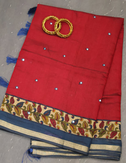 Malai Cotton Saree-Maroon Leaf Mirror Work