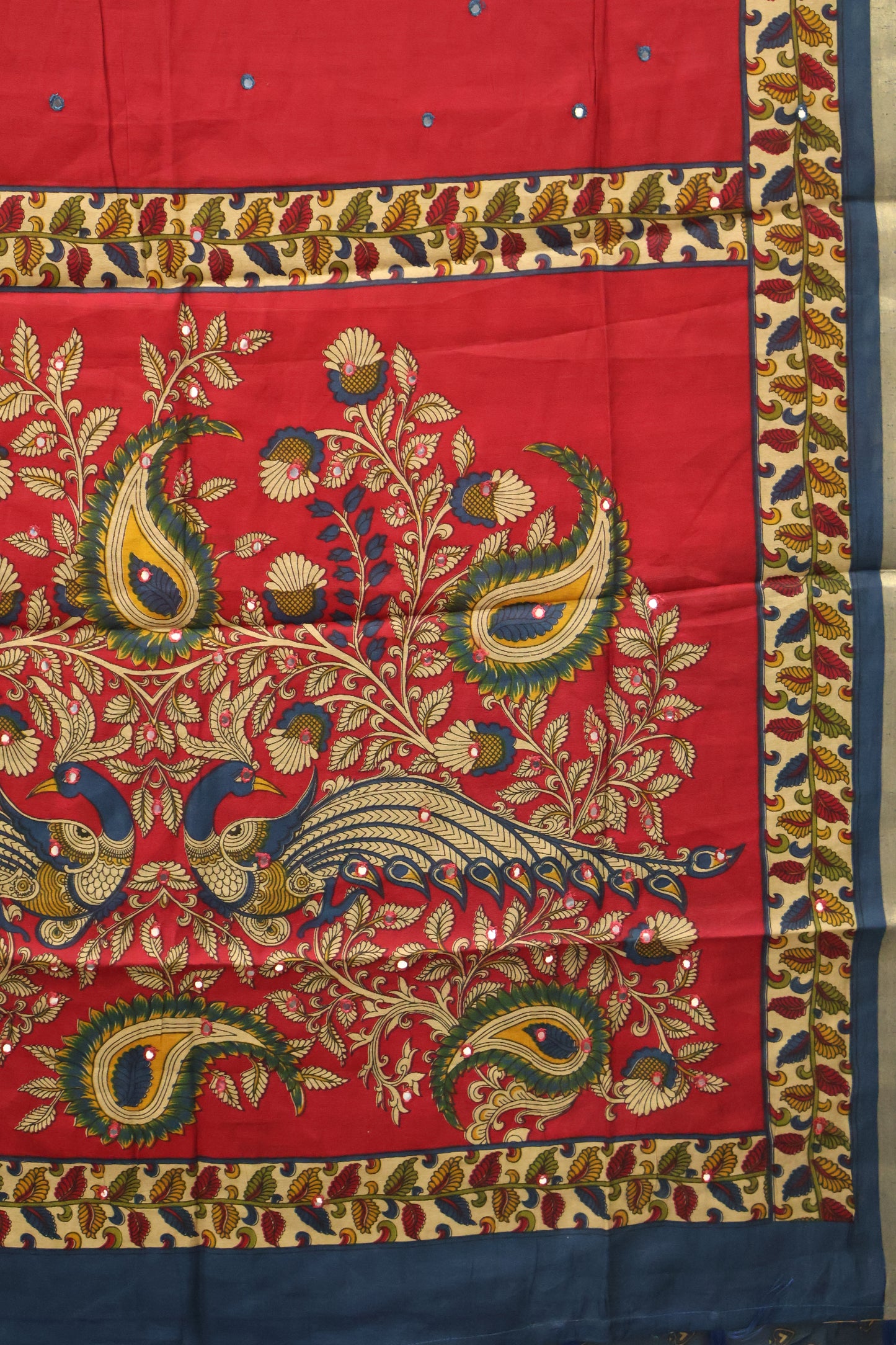 Malai Cotton Saree-Maroon Leaf Mirror Work