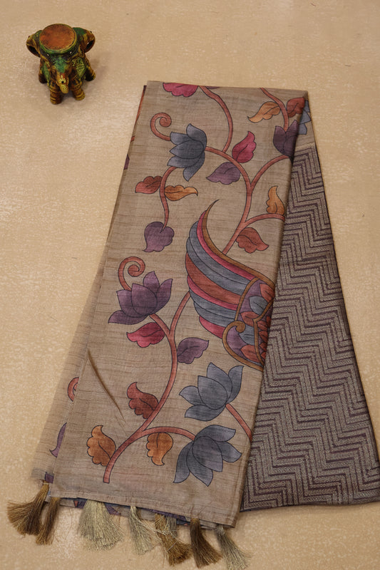 Tussar Saree Zari Zigzag Pattern -Wine