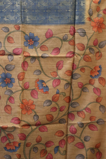 Tussar Saree Zari Peacock Pattern -Blue