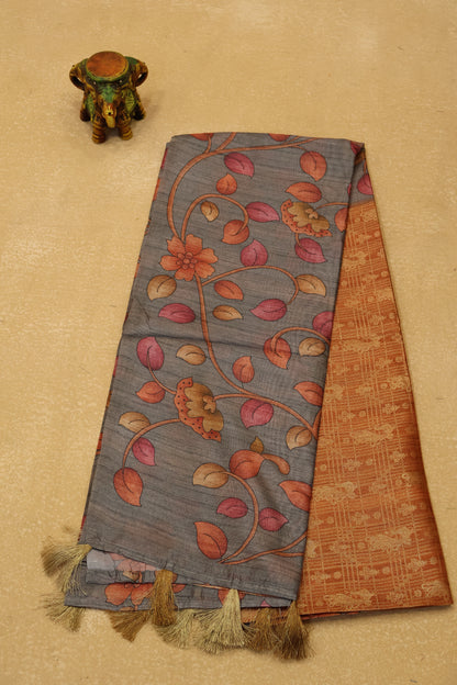 Tussar Saree Zari Peacock Pattern -Orange