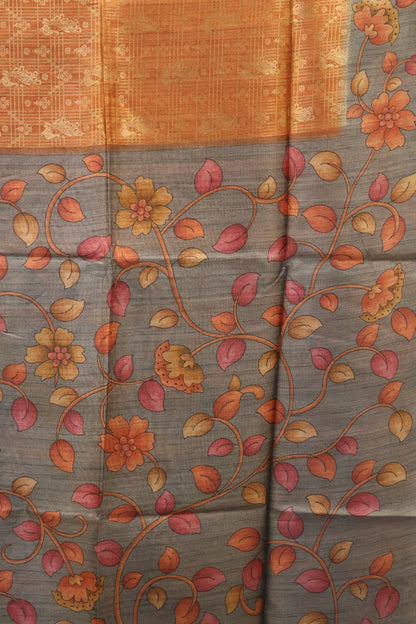 Tussar Saree Zari Peacock Pattern -Orange