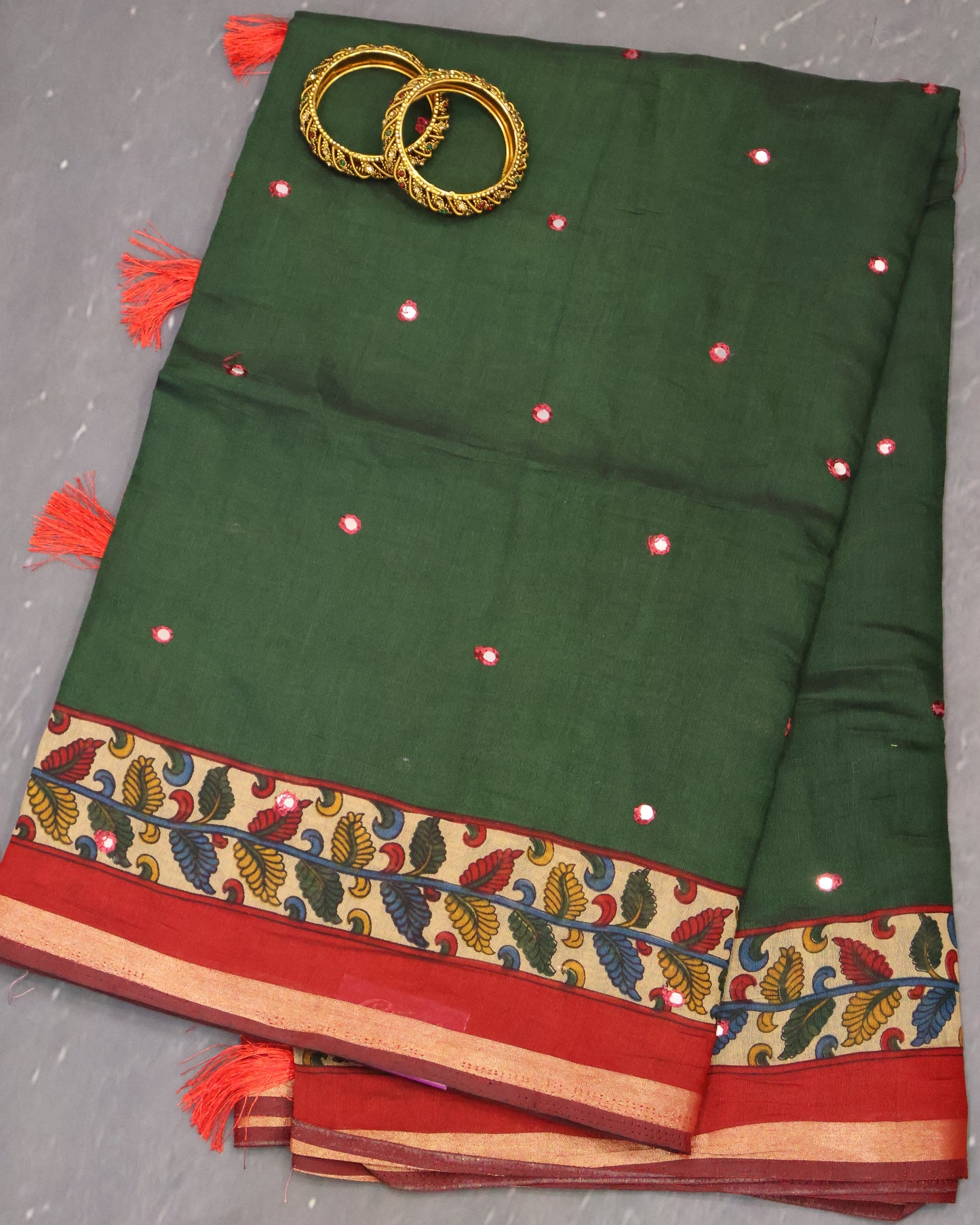 Malai Cotton Saree-Bottle Green Leaf Mirror Work