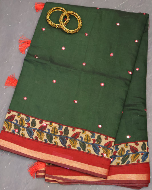 Malai Cotton Saree-Bottle Green Leaf Mirror Work