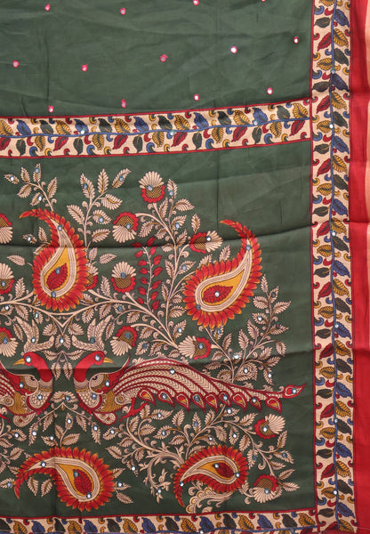 Malai Cotton Saree-Bottle Green Leaf Mirror Work