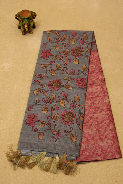 Tussar Saree Zari Peacock Pattern -Pink