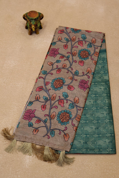 Tussar Saree Zari Peacock Pattern -Green