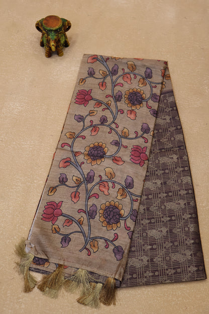 Tussar Saree Zari Peacock Pattern -Wine