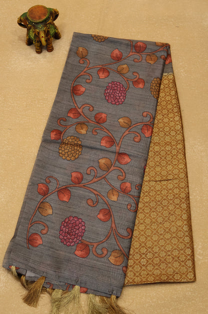 Tussar Saree Zari Floral Pattern -Mustard