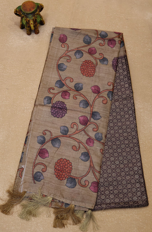 Tussar Saree Zari Floral Pattern - Wine