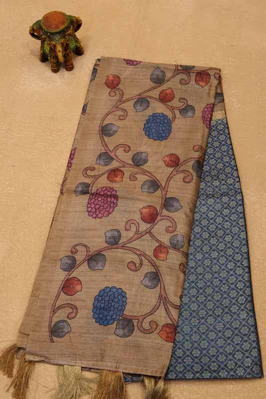 Tussar Saree Zari Floral Pattern - Blue