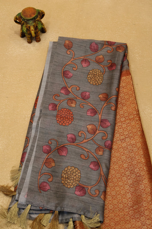 Tussar Saree Zari Floral Pattern - Orange