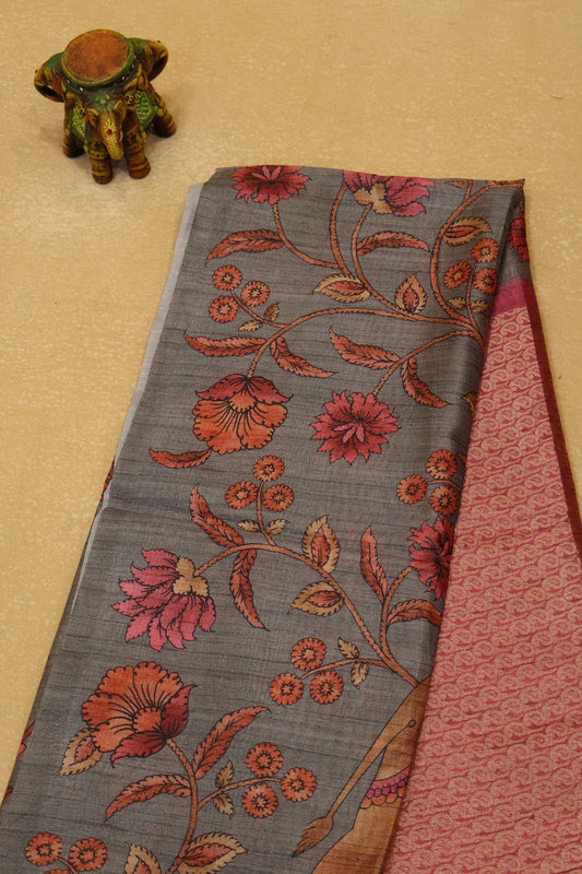 Tussar Saree Zari Manga Pattern - Pink