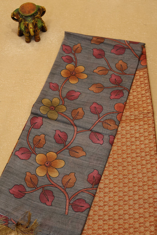 Tussar Saree Zari Lotus Pattern - Orange