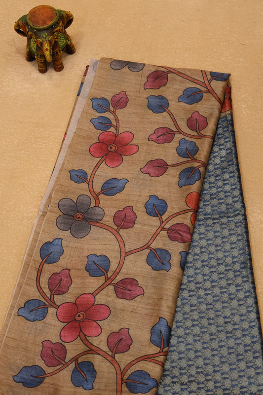 Tussar Saree Zari Lotus Pattern - Blue